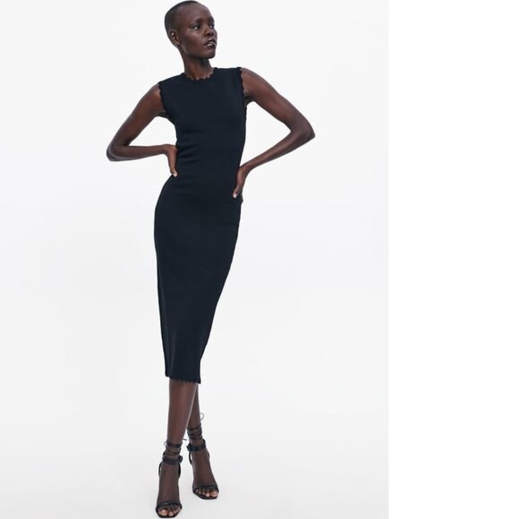 Zara Knit Black Sleeveless Dress with Scalloped Edges, NWT. *M - Picture 5 of 16